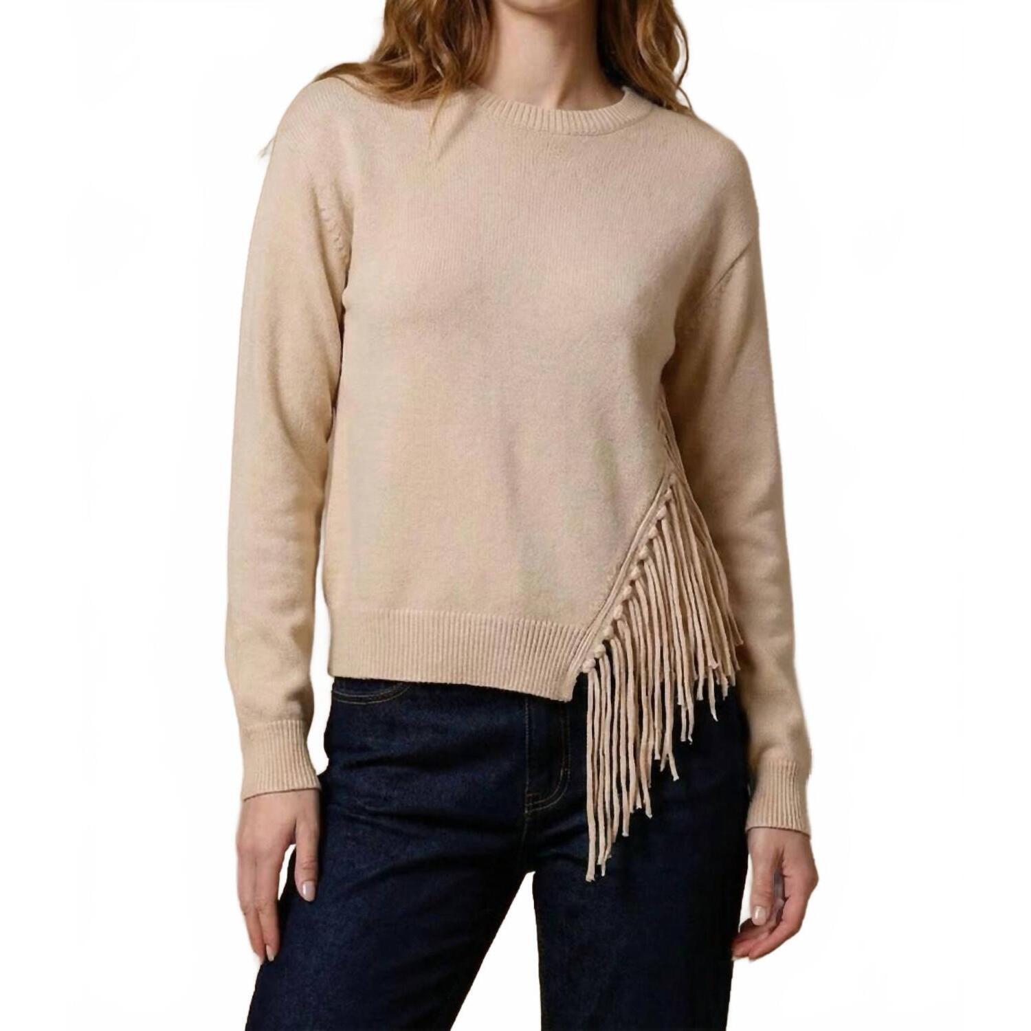 New Minnie Rose Cotton Cashmere Fringe Trim Sweater In Brown Sugar